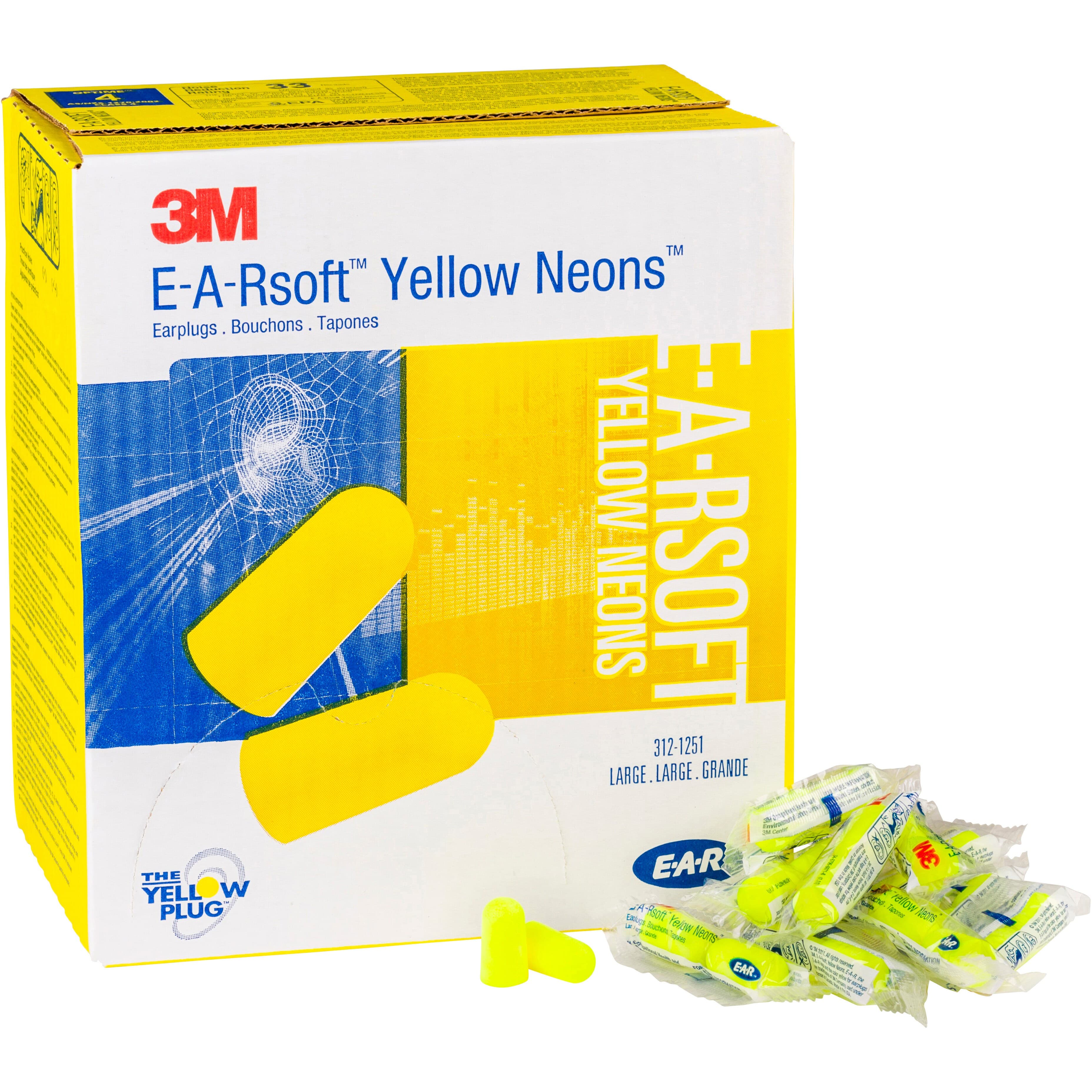 3M E-A-Rsoft Yellow Neons Large Uncorded Earplugs, Poly Bag 312-1251