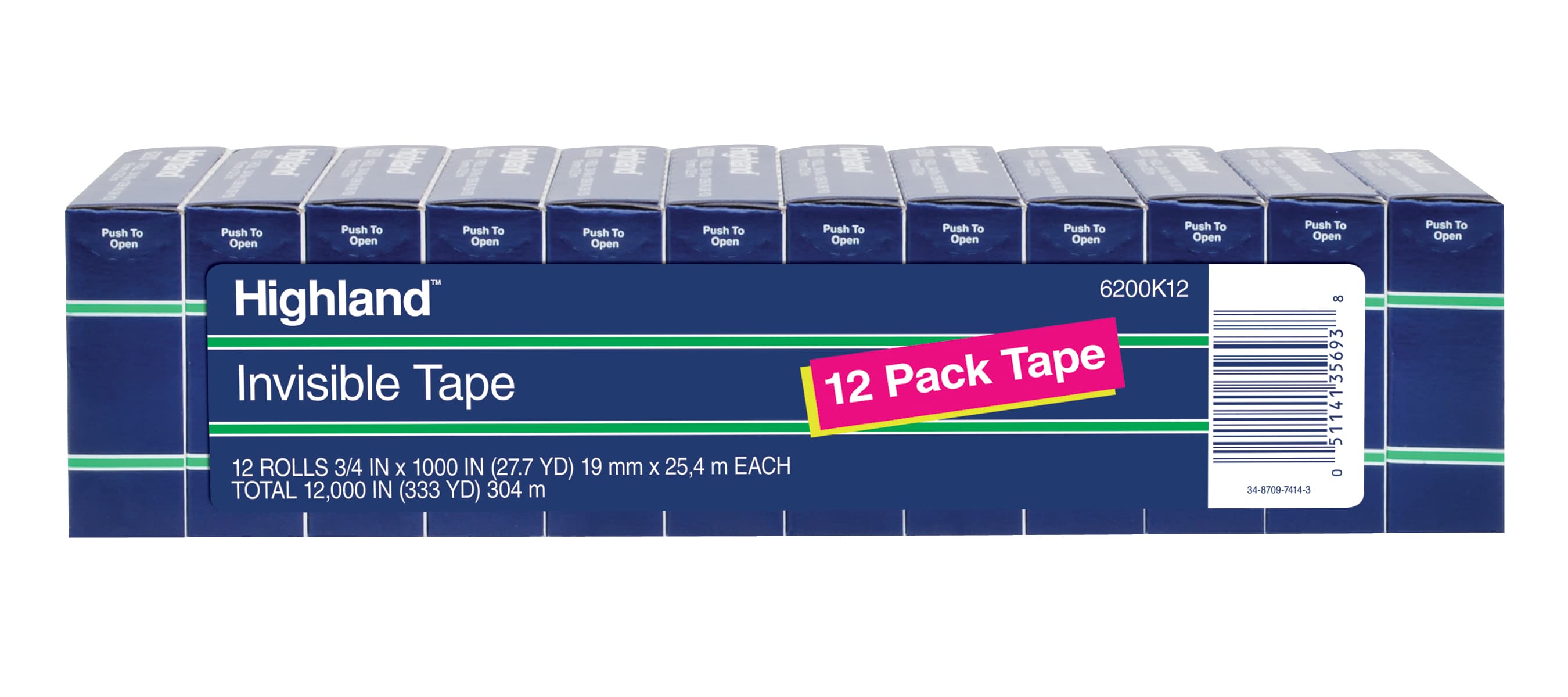 Highland Invisible Tape 6200K12, 3/4 in x 1000 in (19 mm x 25,4 m), 12 Pack