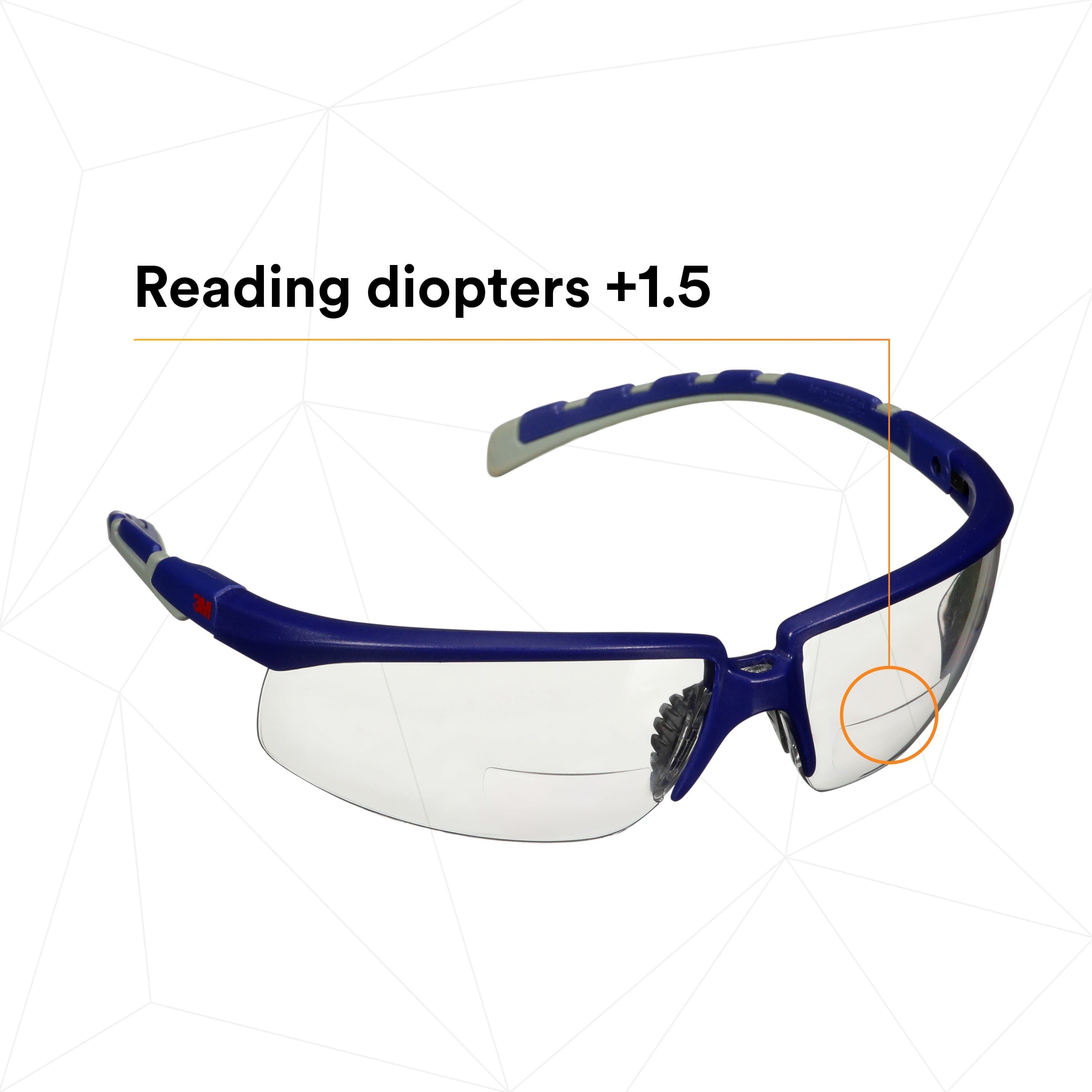 3M™ Solus™ 2000 Series, S2015AF-BLU, Blue/Gray Temples, Clear Reader +
1.5 Anti-Fog/Anti-Scratch Lens_2