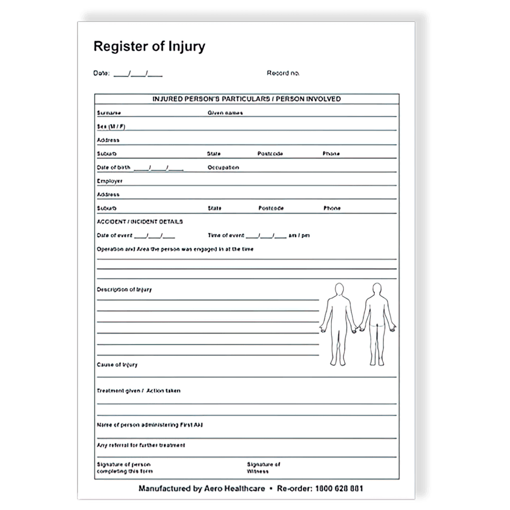 Aero Healthcare AEROSUPPLIES A5 Register of Injuries Duplicate Pad (25 pages)