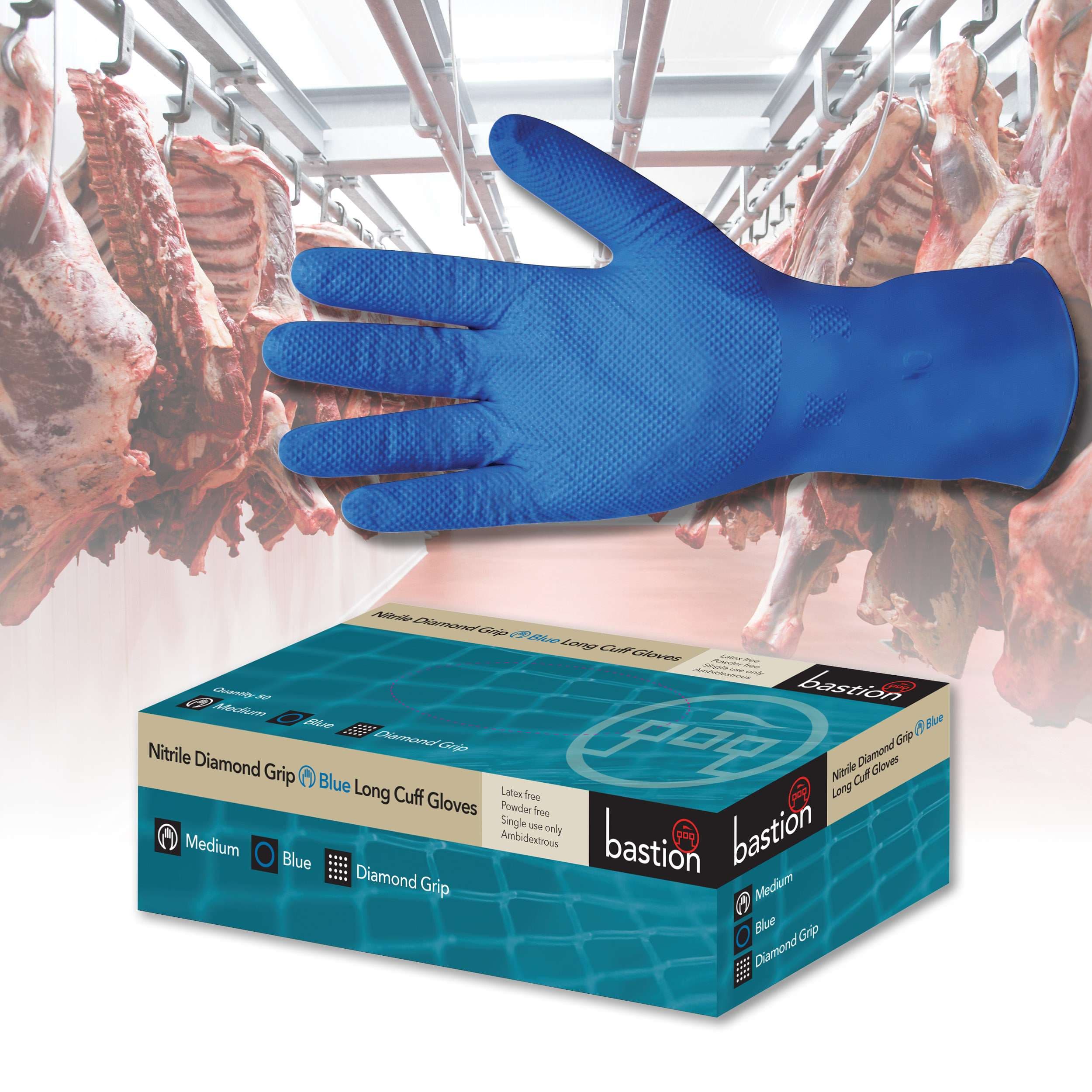 Bastion Nitrile  Diamond  Grip Blue  -  300Mm  Long Cuff -  Powder  Free  Gloves_0