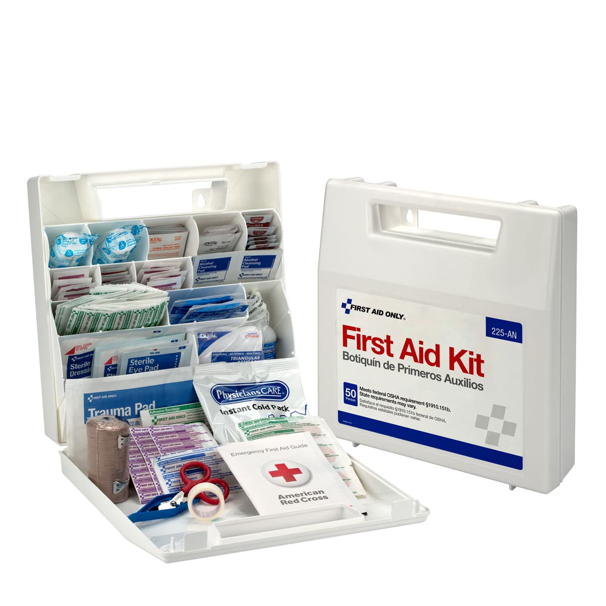 50 Person First Aid Kit, Plastic Case with Dividers