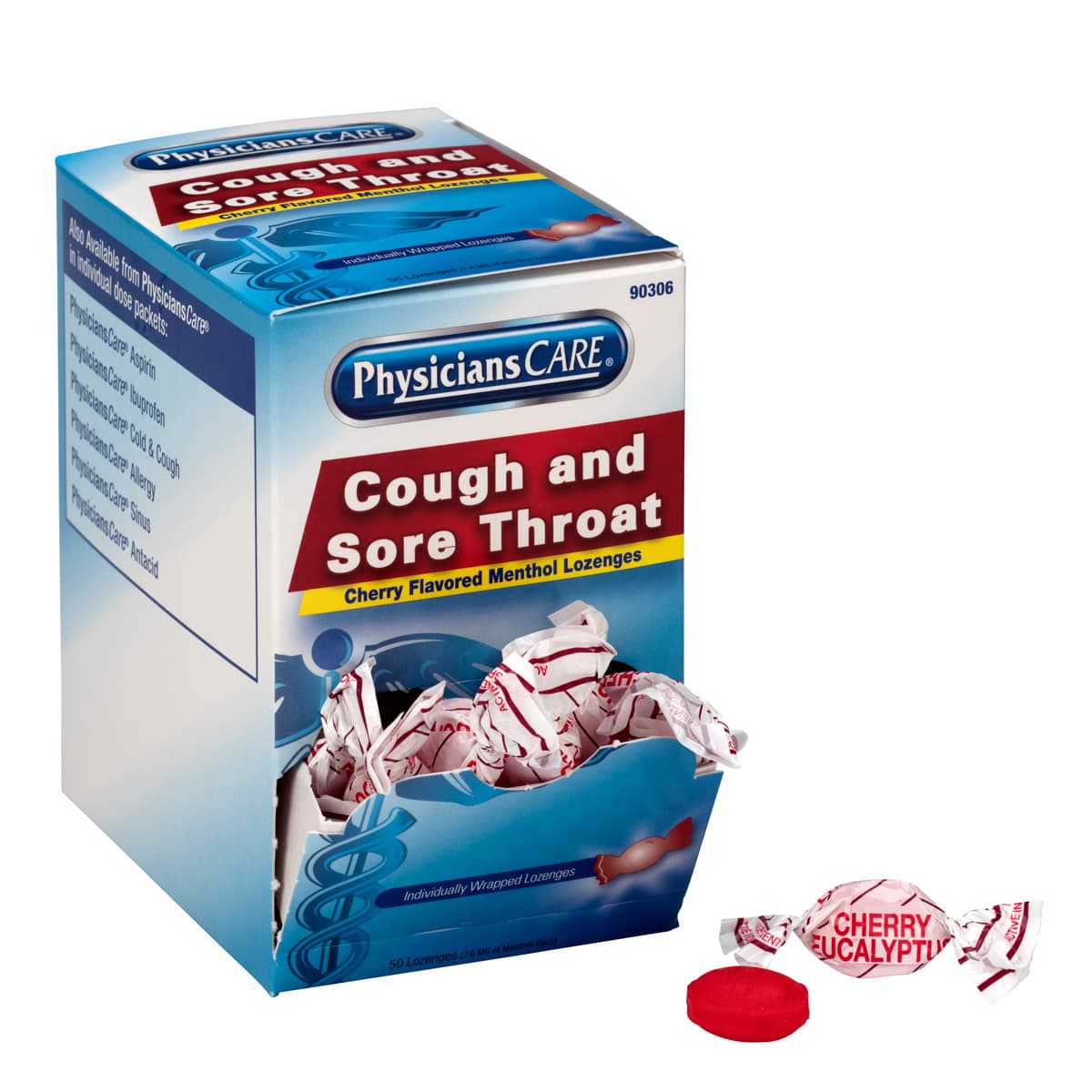 First Aid Only PhysiciansCare Cherry Flavor Cough & Throat Lozenges, 50x1/box