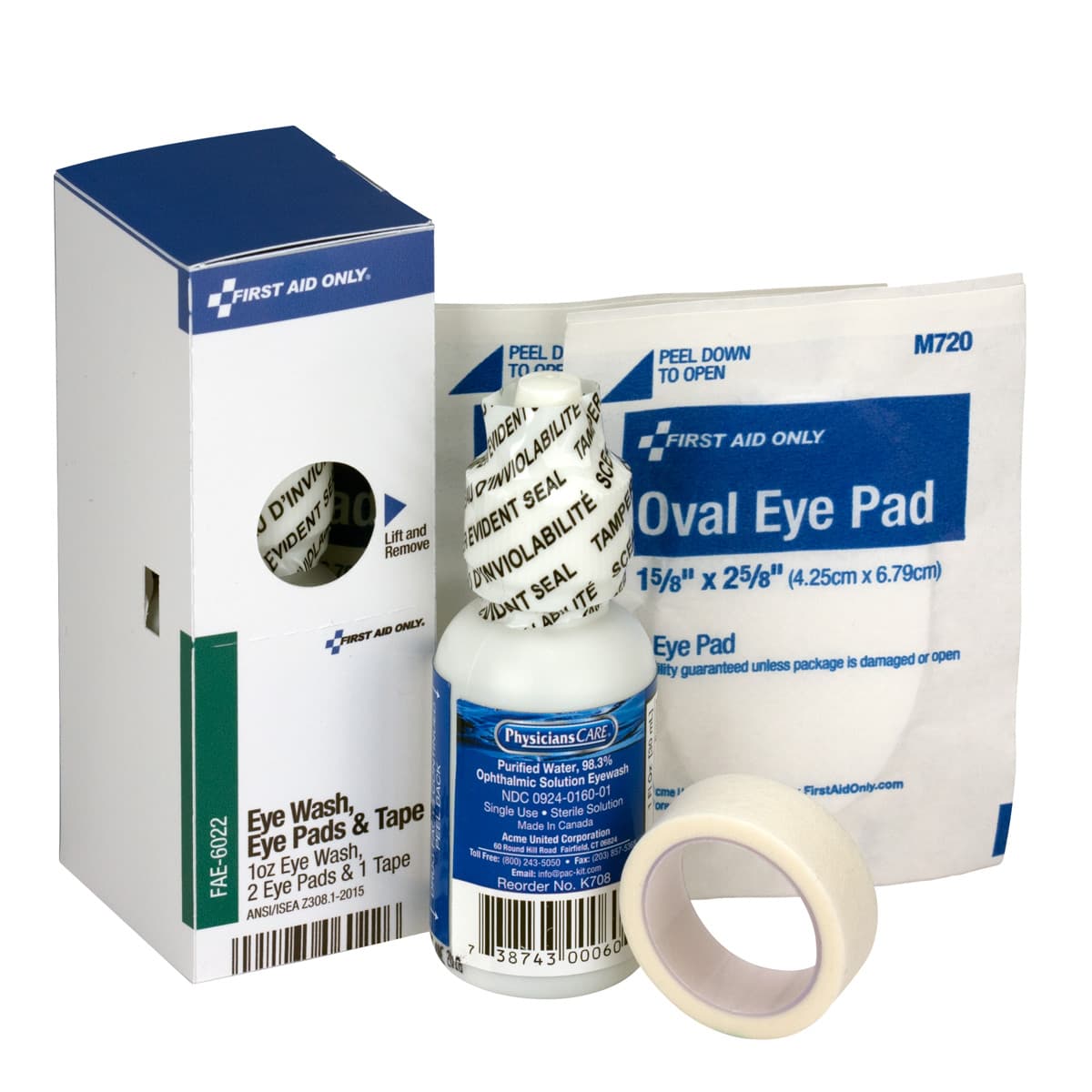 First Aid Only SC Refill Eyewash, 1 oz., 2 Eyepads, 1/2"x5 yd. First Aid Tape per/box