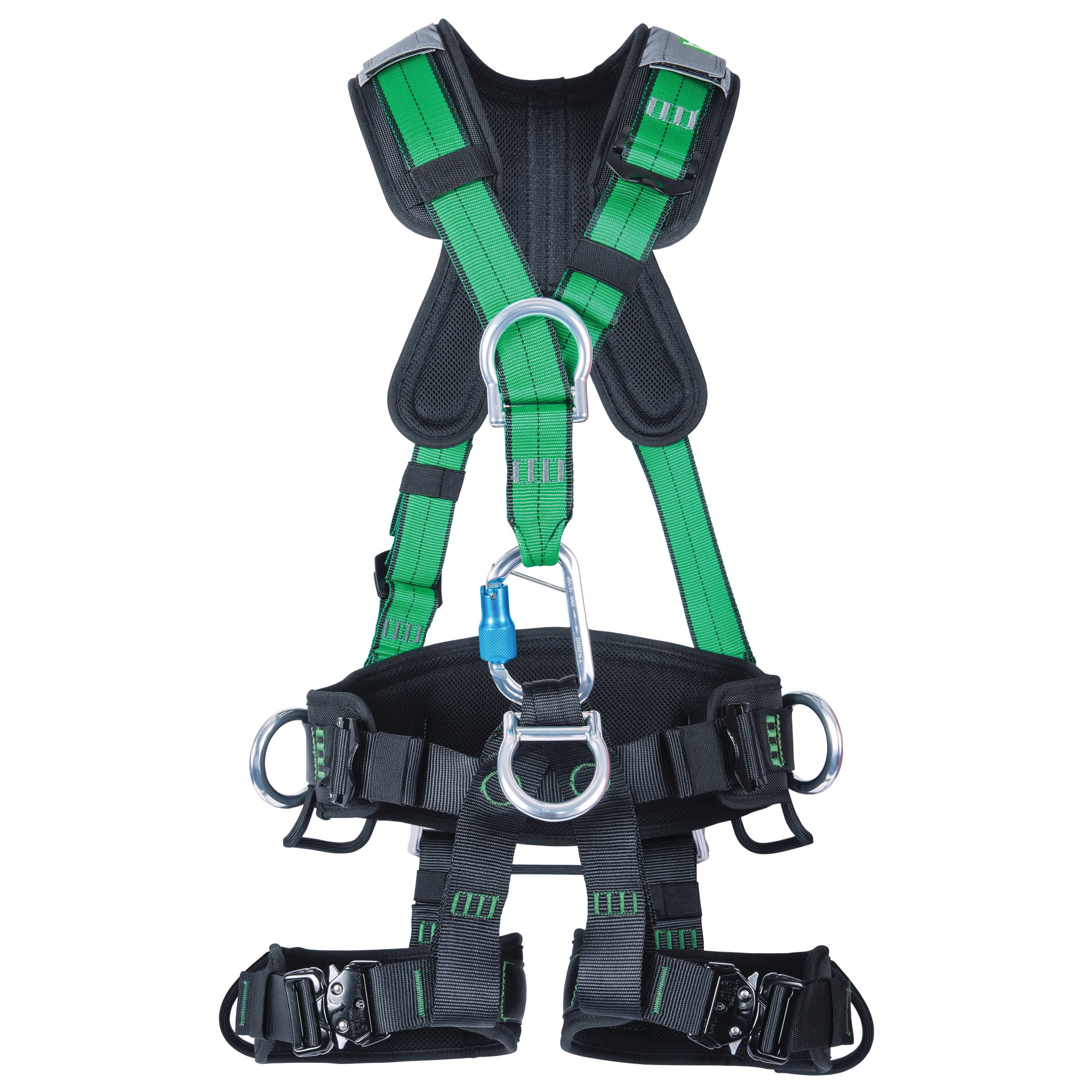 MSA Gravity Suspension Harness, Aluminum Back, Front, Ventral & Hip D-Rings, Lumbar, Shoulder & Leg Padding, Green Web, Small