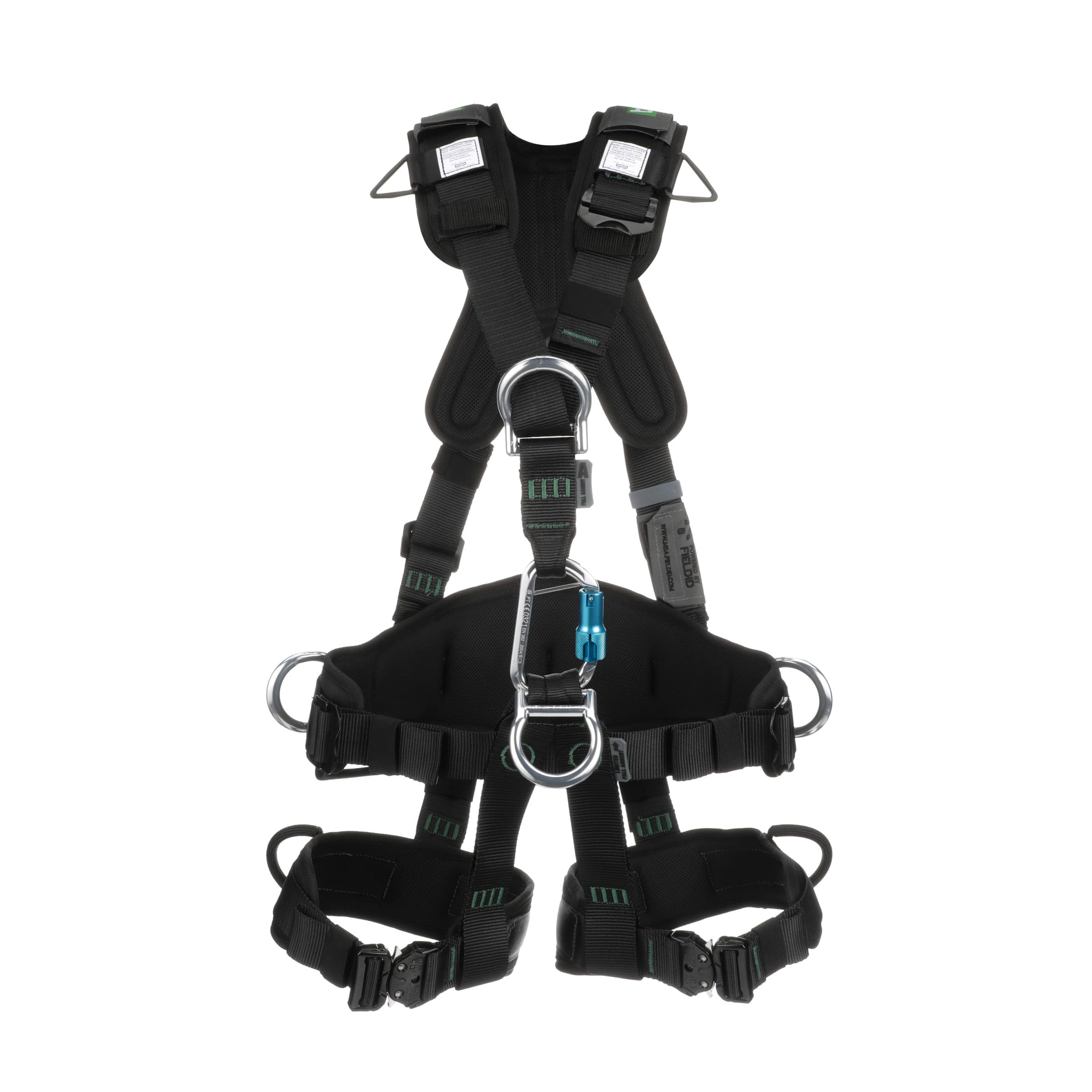 MSA Gravity Suspension Harness, Aluminum Back, Front, Ventral & Hip D-Rings, Lumbar, Shoulder & Leg Padding, Black Web, Medium