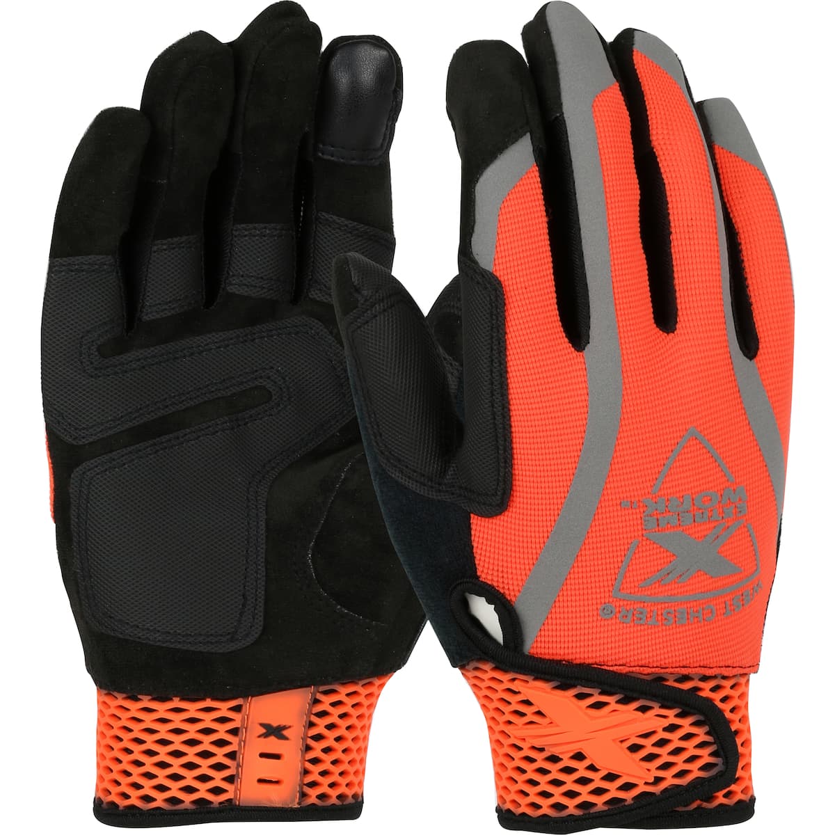 Extreme® Work VizX™ ToughX Suede Palm with Hi-Vis Orange Fabric Back and Touchscreen Index Finger - Hook & Loop Closure (89308OR)