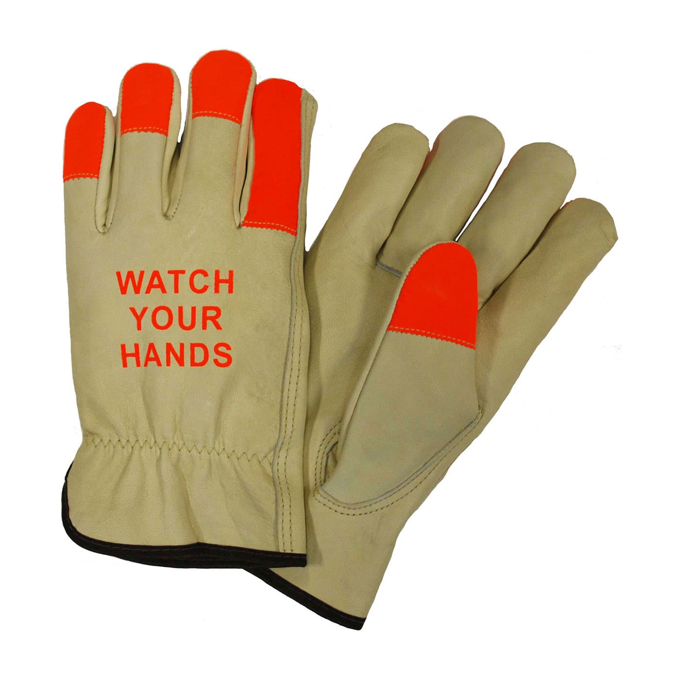 PIP® Regular Grade Top Grain Cowhide Leather Drivers Glove with Hi-Vis Fingertips and "WATCH YOUR HANDS" Logo - Keystone Thumb (990KOT)