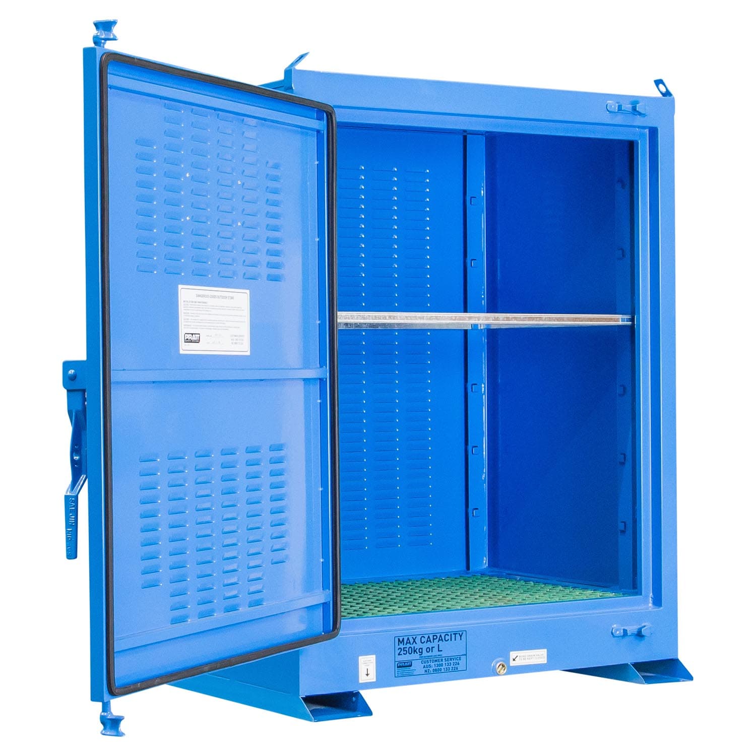 Pratt Dangerous Goods Outdoor Storage Cabinet:250L - 1 Door - 2 Shelves_1