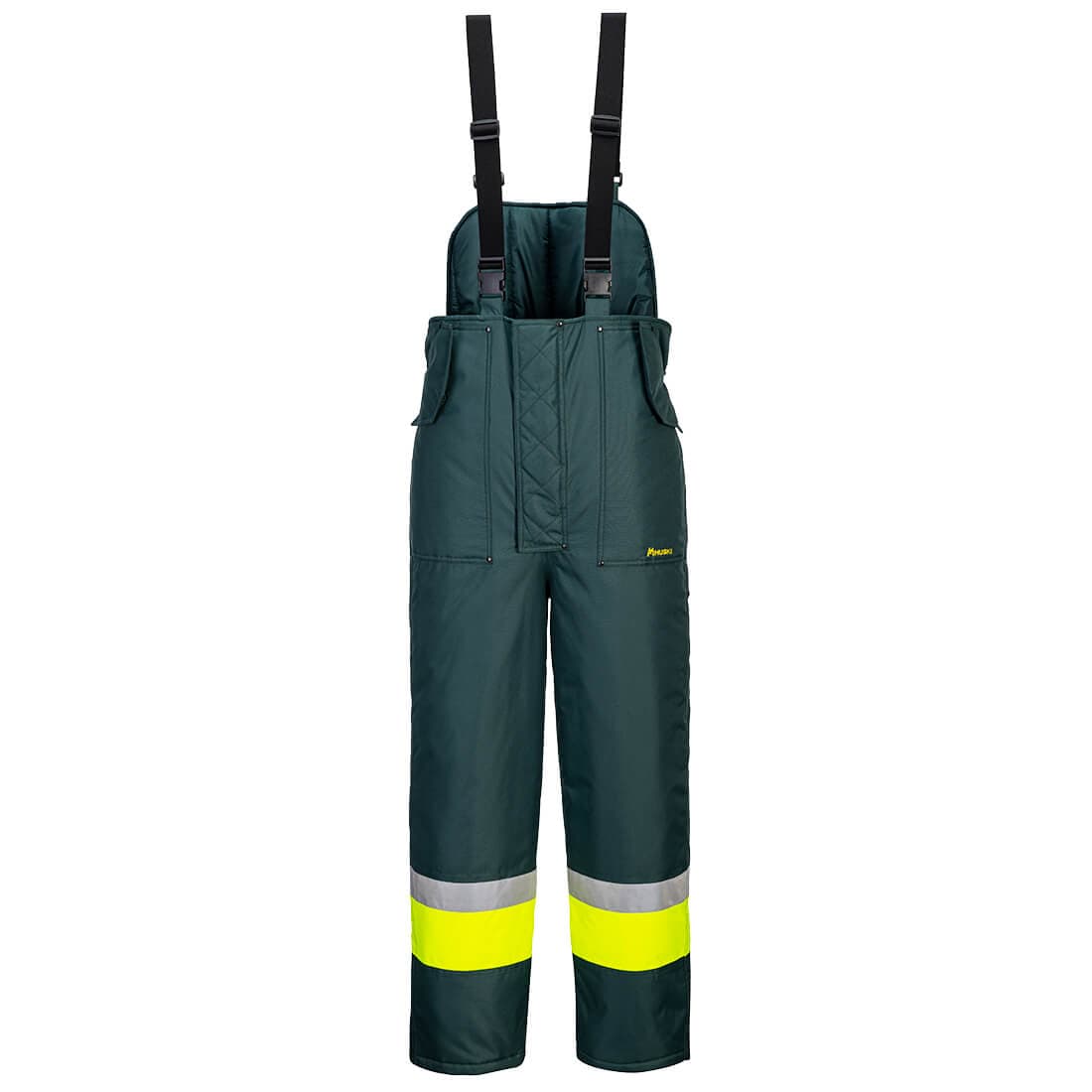 Portwest Huski Hi-Vis Contrast Freezer Bib and Brace  (Yellow/Forest Green)