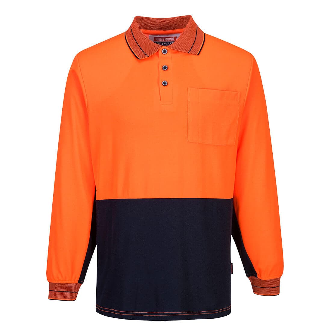 Portwest Hi-Vis Cotton Comfort Contrast Class D Polo Shirt L/S With Pocket (Orange/Navy)