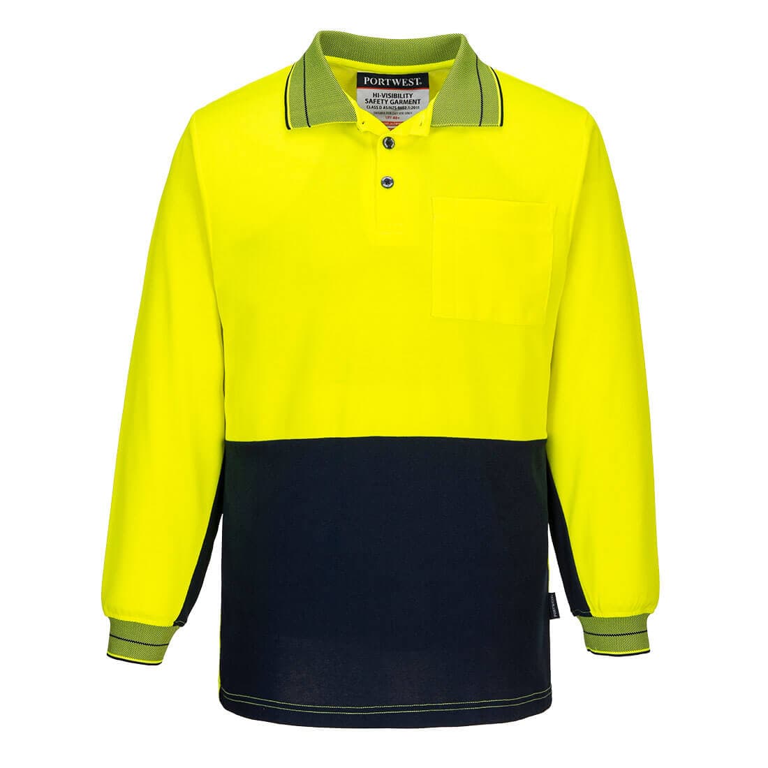 Portwest Hi-Vis Cotton Comfort Contrast Class D Polo Shirt L/S With Pocket (Yellow/Navy)