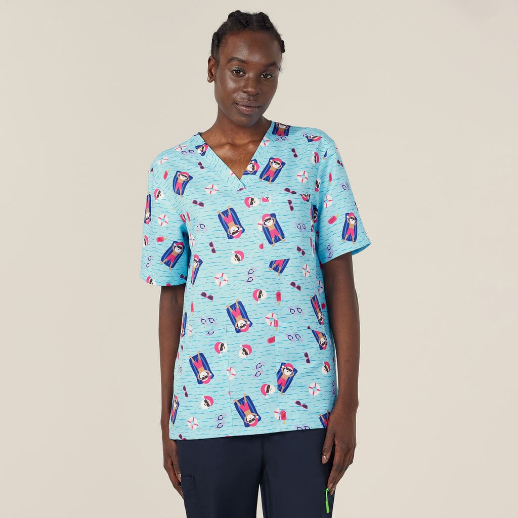 NNT Unisex Festive Santa Pool Party Scrub Top CATRGK (Aqua Santa Print)