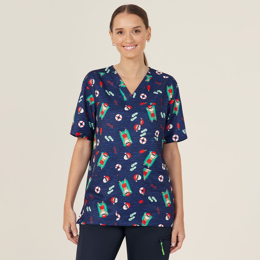 NNT Unisex Festive Santa Pool Party Scrub Top CATRGK (Midnight Santa Print)