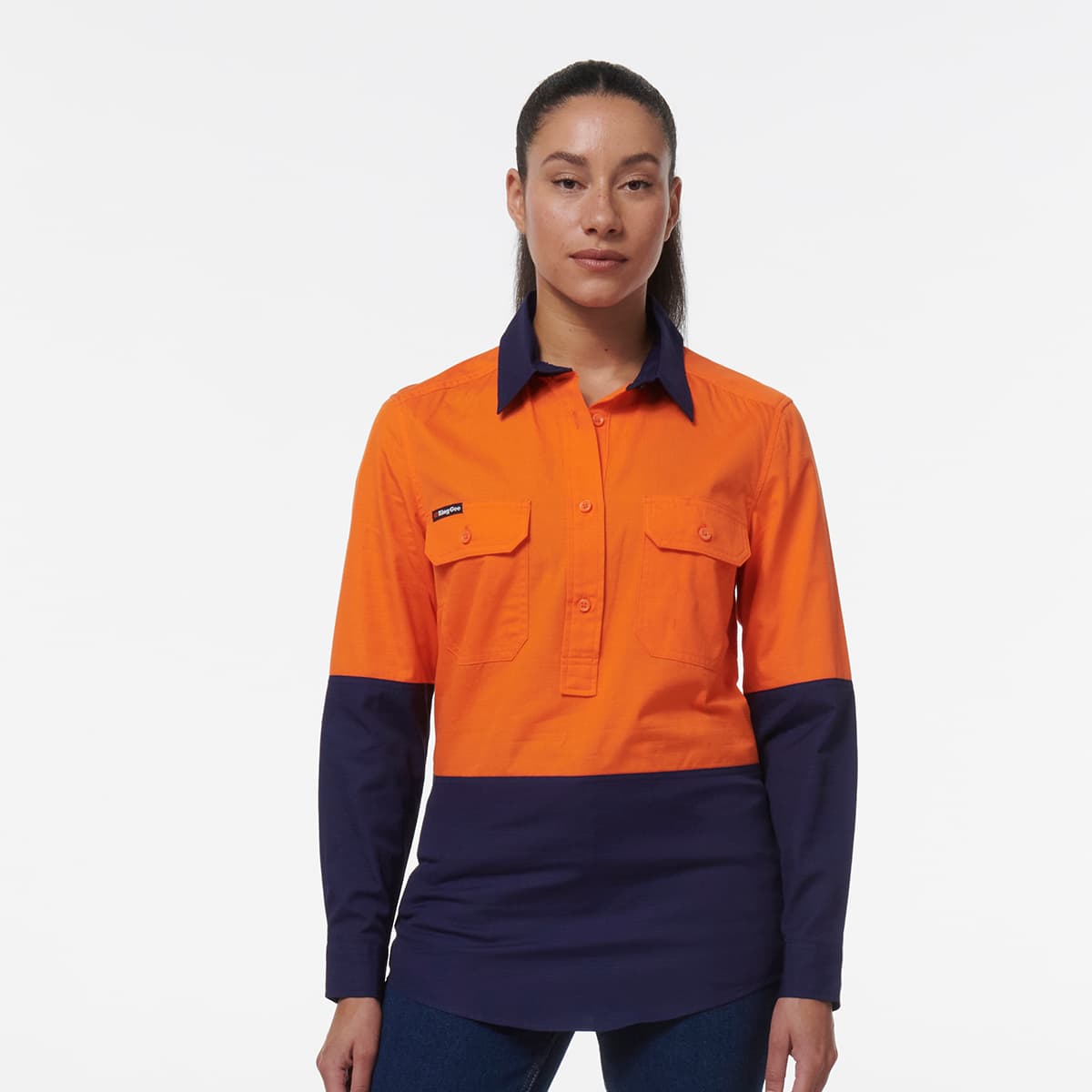 KingGee Womens Workcool Vented Closed Front Spliced Shirt (Orange/Navy)