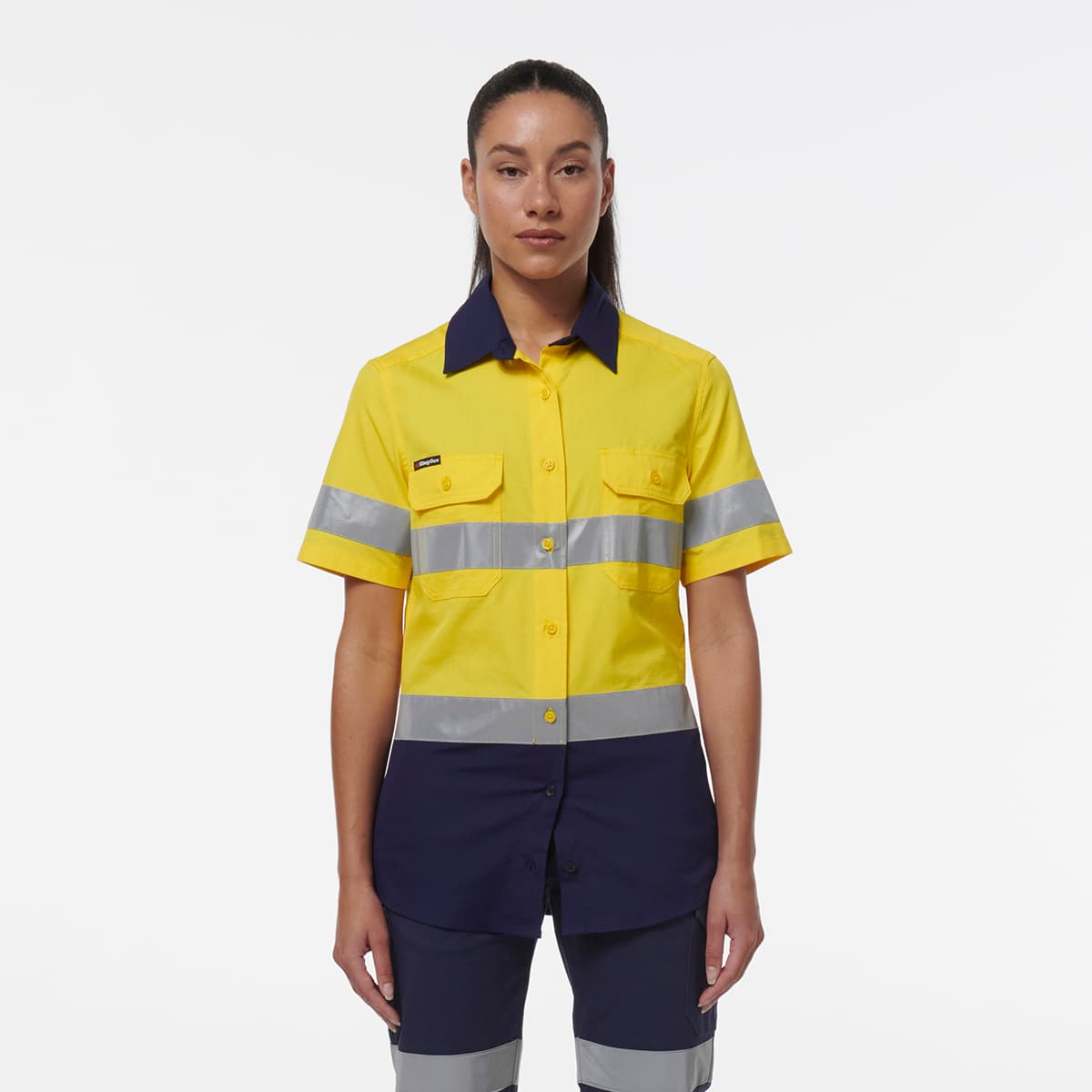 KingGee Womens Workcool Vented Reflective Short Sleeve Shirt (Yellow/Navy)