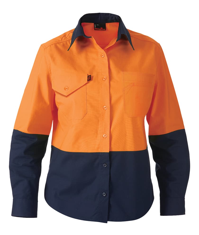 KingGee Workcool2 Womens Hi Vis Spliced Shirt Long Sleeve (Orange/Navy)