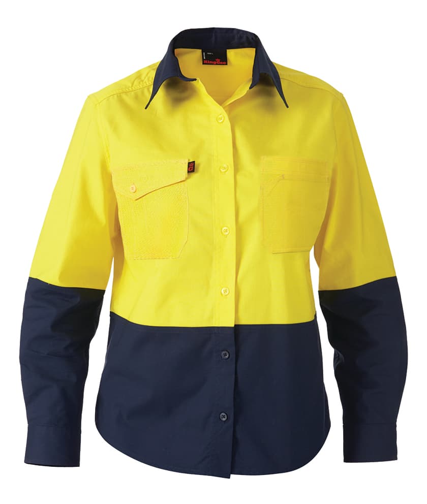 KingGee Workcool2 Womens Hi Vis Spliced Shirt Long Sleeve (Yellow/Navy)