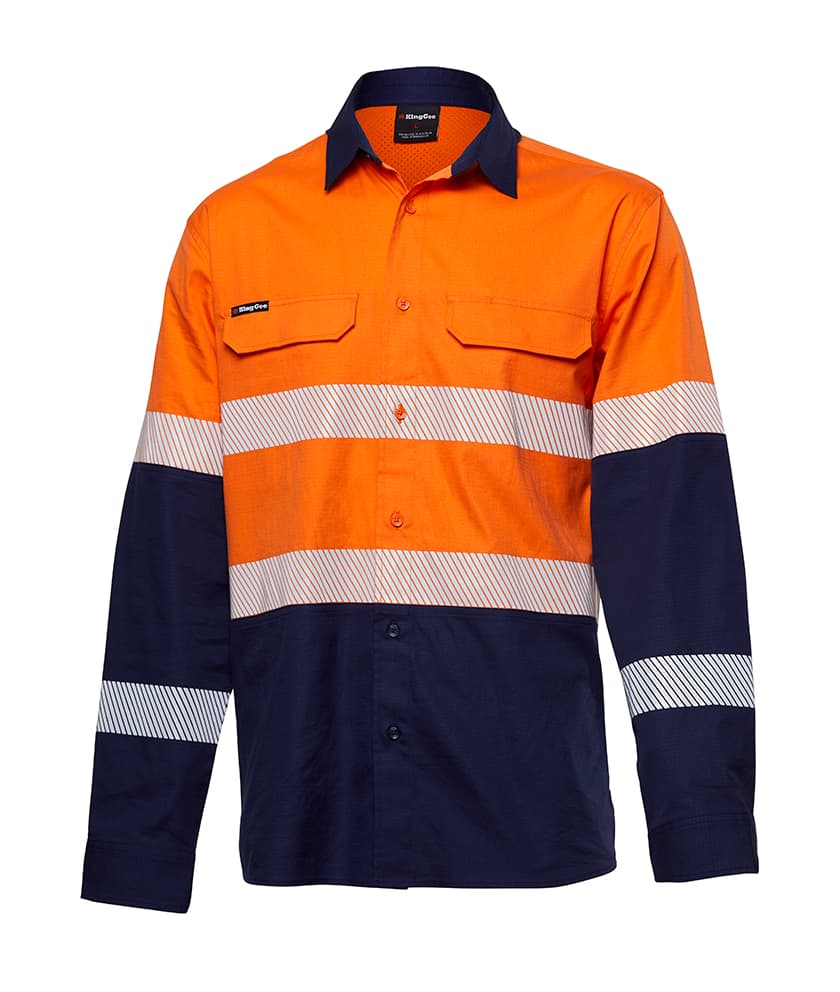 KingGee Mens Workcool Pro Bio Motion Shirt Long Sleeve (Orange/Navy)