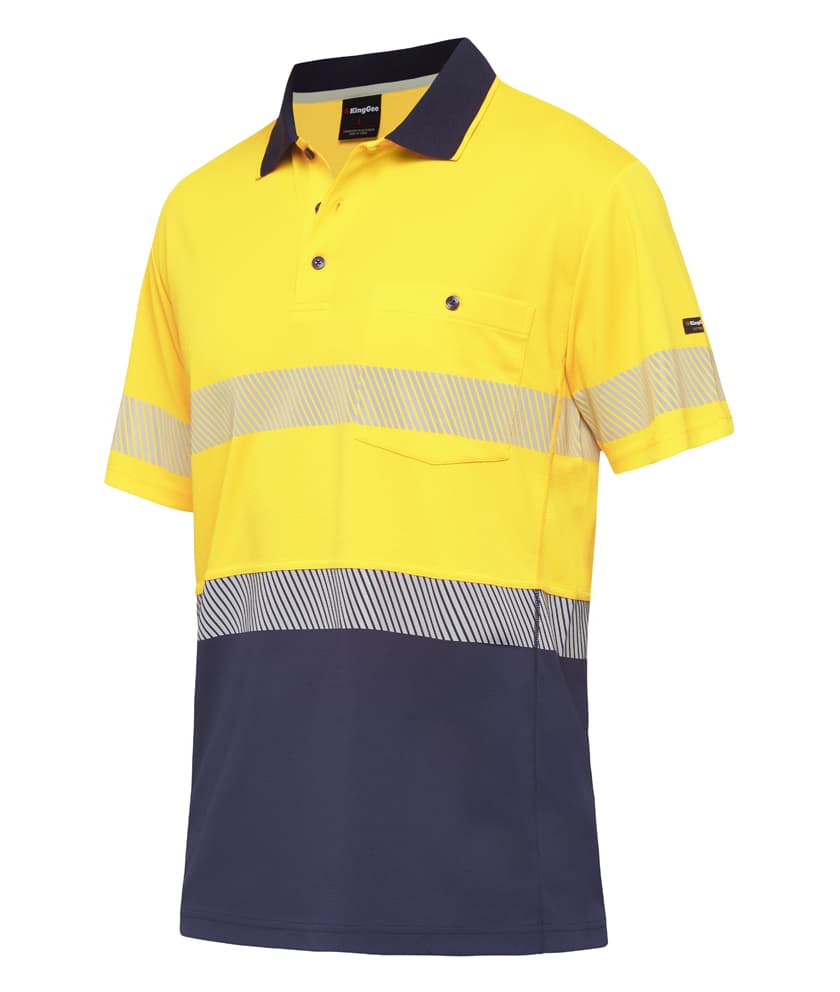 KingGee Mens Workcool Hyperfreeze Spliced Polo Short Sleeve Taped (Yellow/Navy)