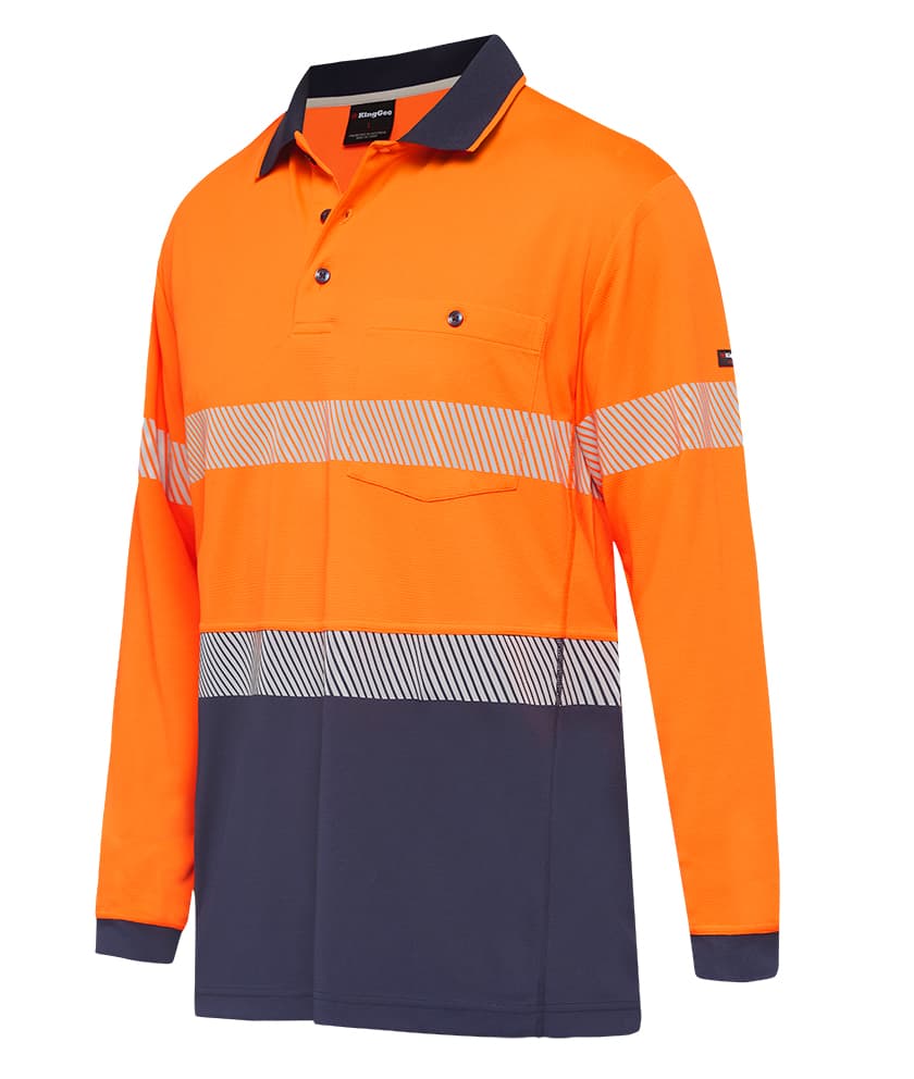 KingGee Mens Workcool Hyperfreeze Spliced Polo Long Sleeve Taped (Orange/Navy)