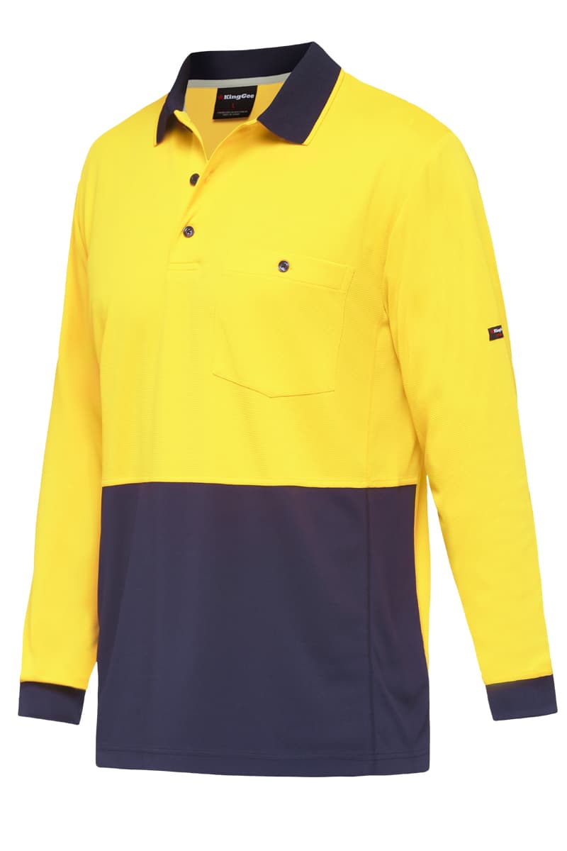 KingGee Mens Workcool Hyperfreeze Spliced Polo Long Sleeve (Yellow/Navy)