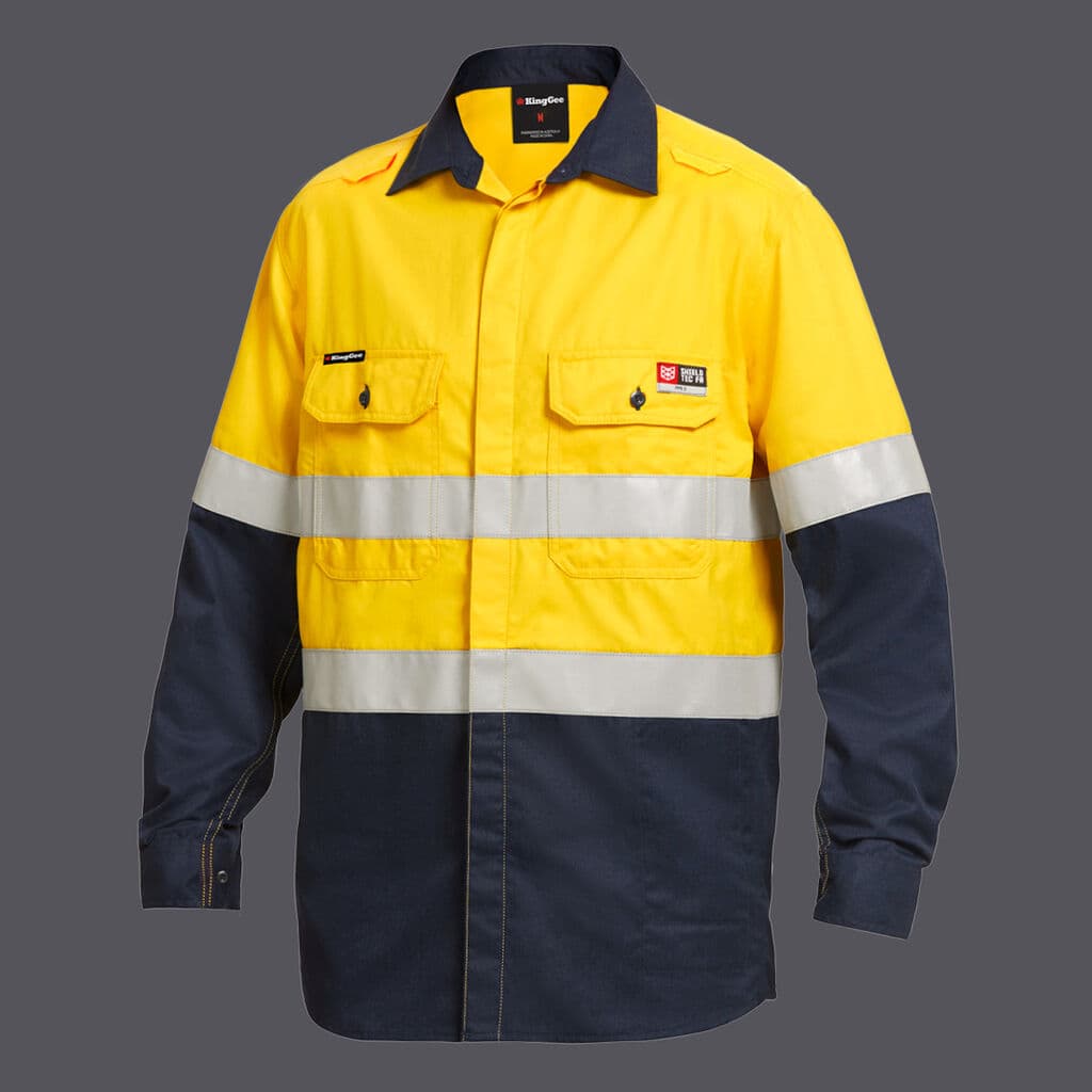 KingGee Mens Shieldtec Lenzing FR Hi-Vis Spliced Open Front Taped Shirt (Yellow/Navy)