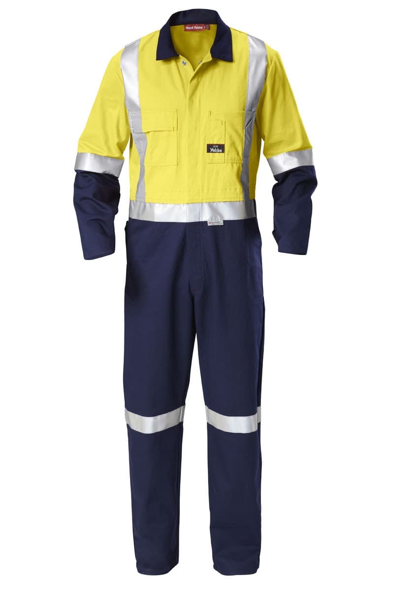 Hard Yakka Foundations Hi-Visibility Two Tone Cotton Drill Coverall With Tape (Yellow/Navy)