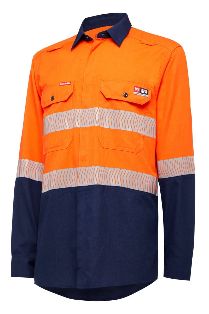 KingGee Shieldtec Lenzing FR Hi-Visibility Two Tone Long Sleeve Open Front Shirt With Tape (Orange/Navy)