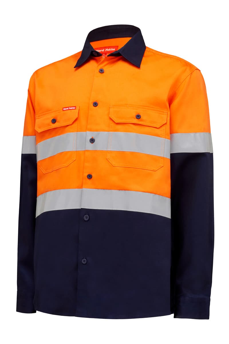 Hard Yakka Hi Vis L/Slv Two Tone Cotton Drill Shirt W/Tape (Orange/Navy)