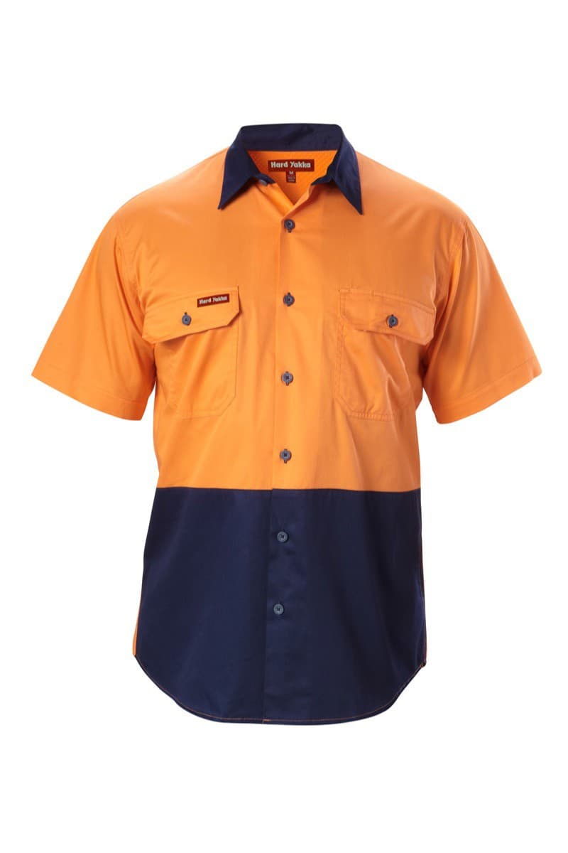 Hard Yakka Koolgear Hi-Visibility Two Tone Cotton Twill Ventilated Shirt Short Sleeve (Orange/Navy)