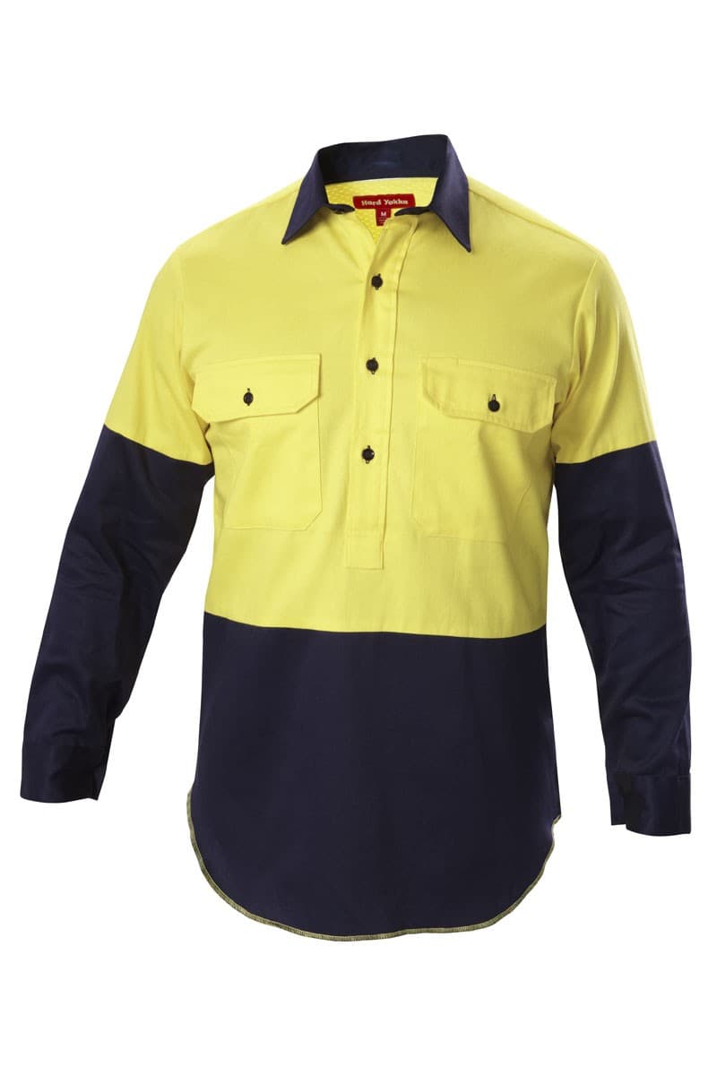 Hard Yakka Foundations Hi-Visibility Two Tone Closed Front Long Sleeve Cotton Drill Shirt With Gusset (Yellow/Navy)