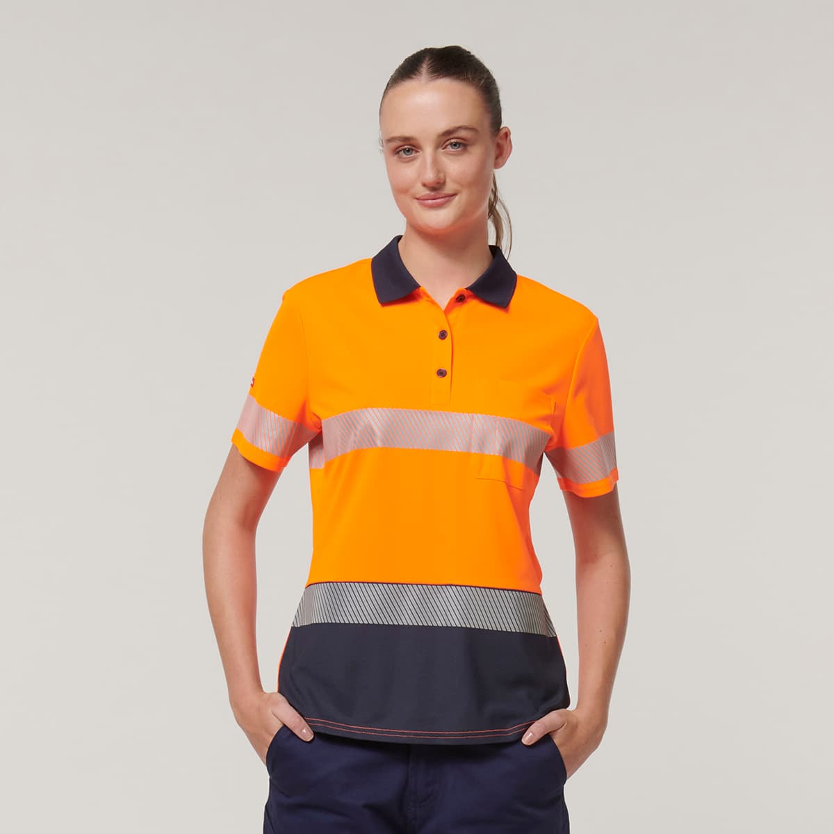 Hard Yakka Womens Short Sleeve Hi Vis Taped Polo (Orange/Navy)