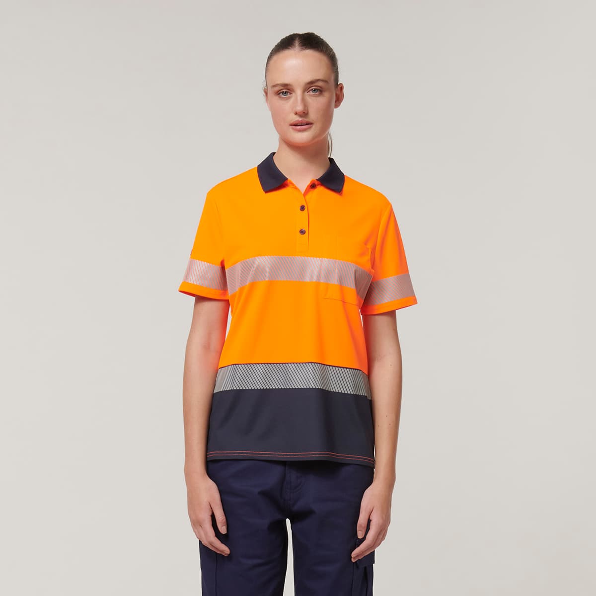 Hard Yakka Womens Short Sleeve Hi Vis Taped Polo (Orange/Navy)_1