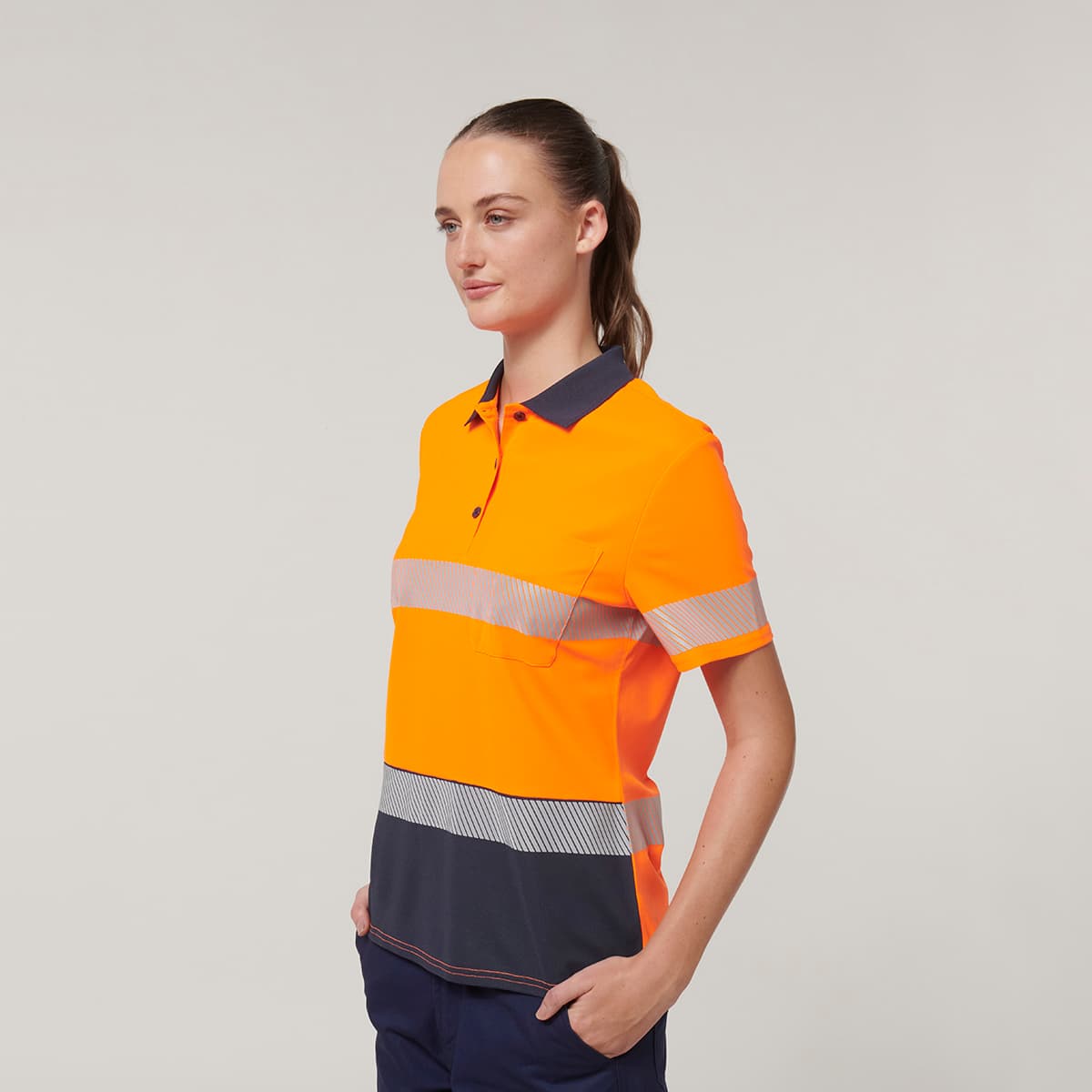 Hard Yakka Womens Short Sleeve Hi Vis Taped Polo (Orange/Navy)_2