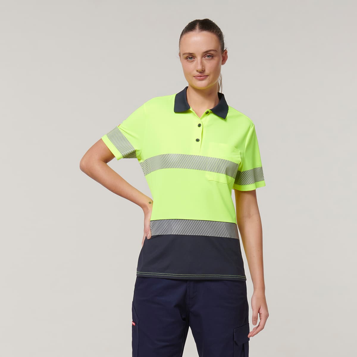 Hard Yakka Womens Short Sleeve Hi Vis Taped Polo (Yellow/Navy)_2