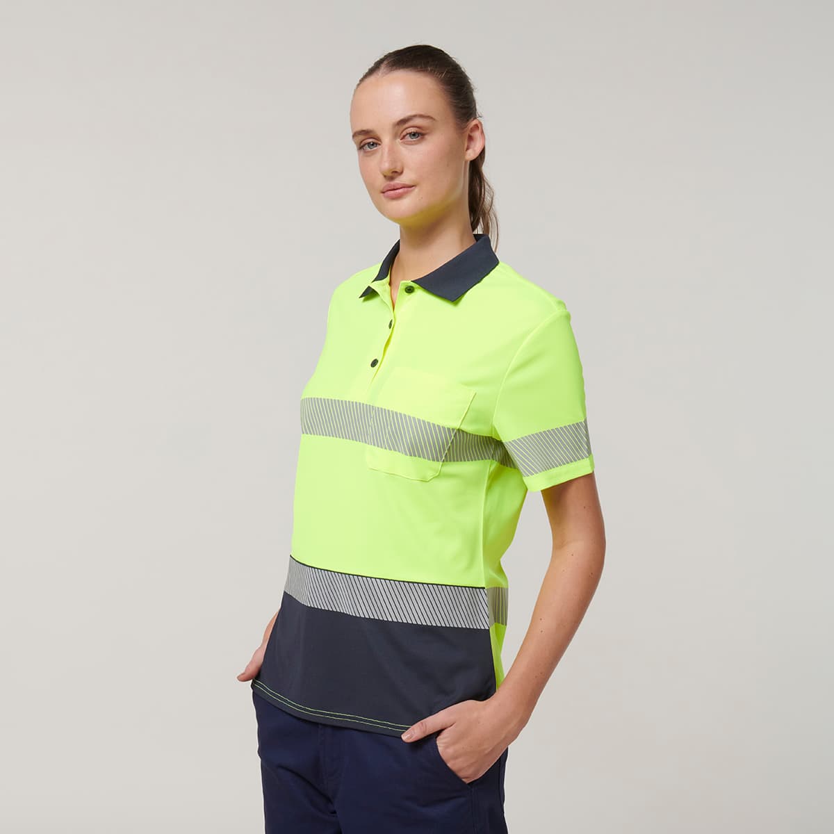 Hard Yakka Womens Short Sleeve Hi Vis Taped Polo (Yellow/Navy)_5