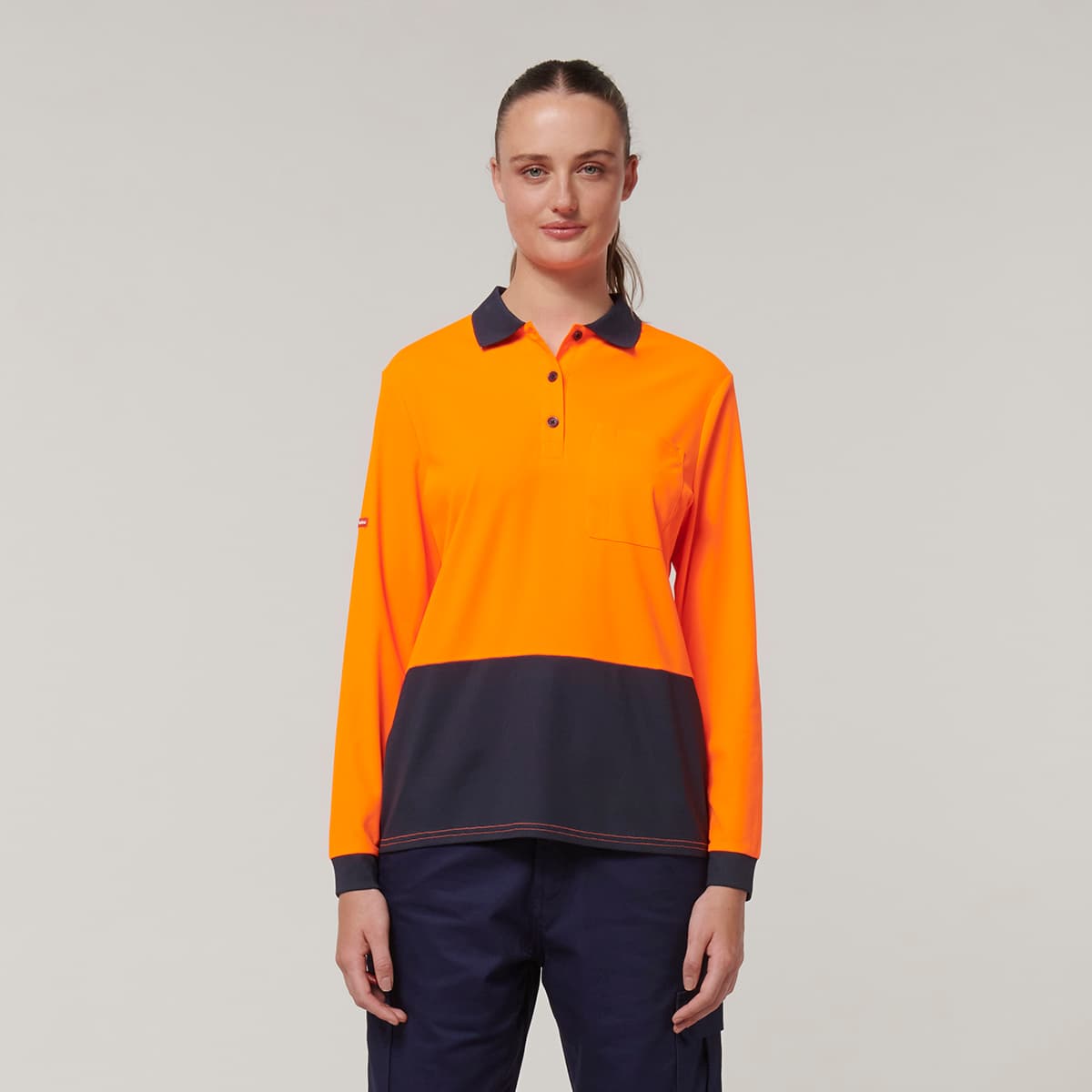 Hard Yakka Womens Long Sleeve Hi Vis Polo (Orange/Navy)