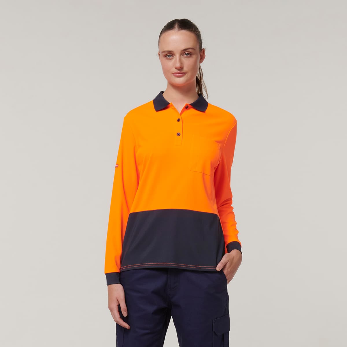 Hard Yakka Womens Long Sleeve Hi Vis Polo (Orange/Navy)_2