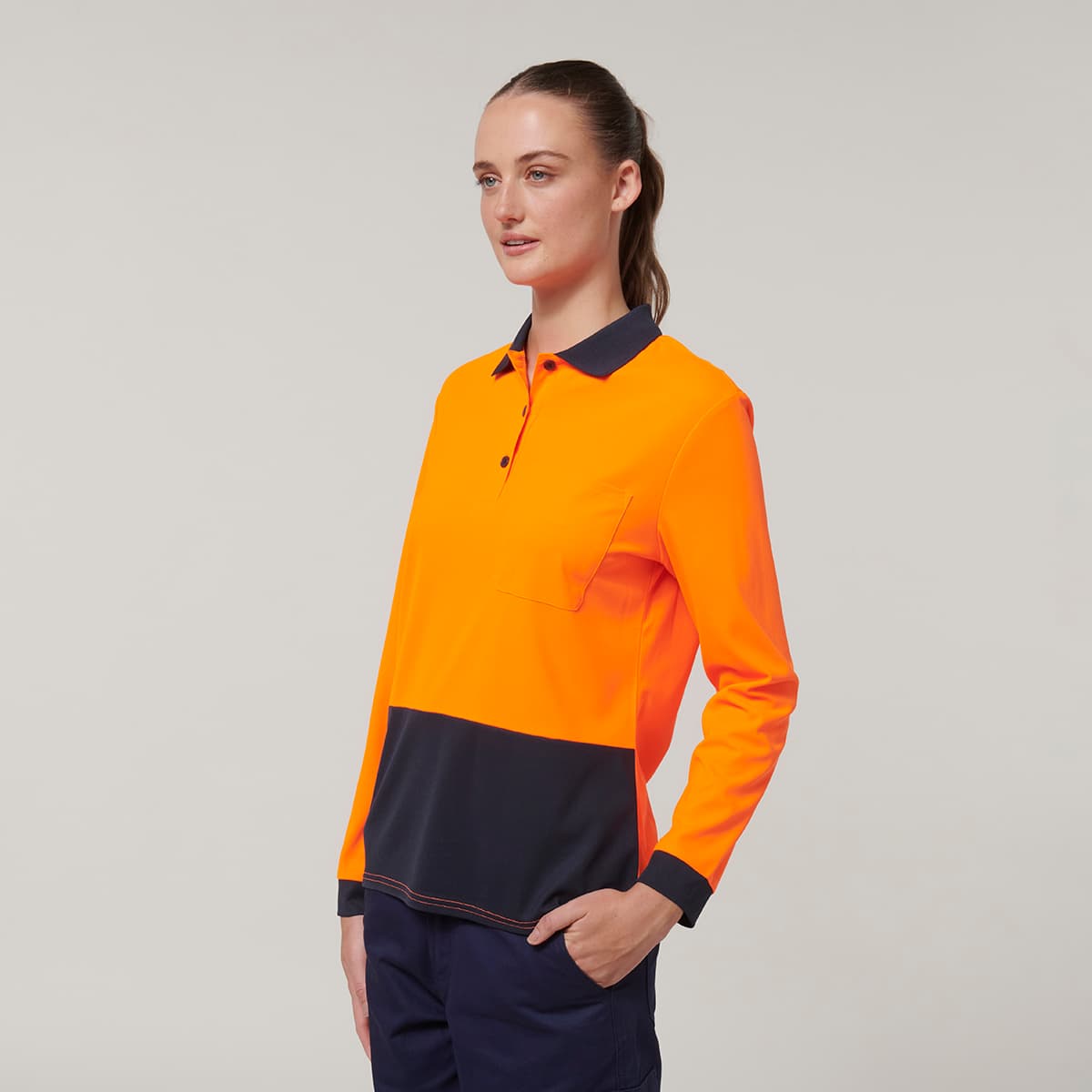 Hard Yakka Womens Long Sleeve Hi Vis Polo (Orange/Navy)_3