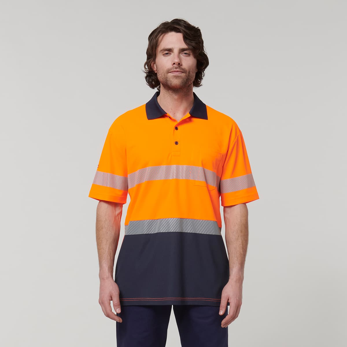 Hard Yakka Mens Short Sleeve Hi Vis Taped Polo (Orange/Navy)