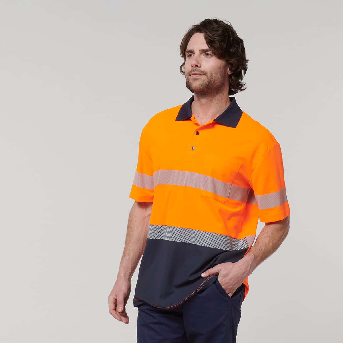 Hard Yakka Mens Short Sleeve Hi Vis Taped Polo (Orange/Navy)_1