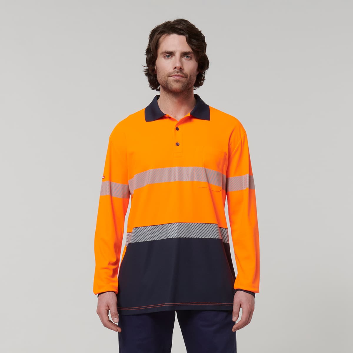 Hard Yakka Mens Long Sleeve Hi Vis Taped Polo (Orange/Navy)_1