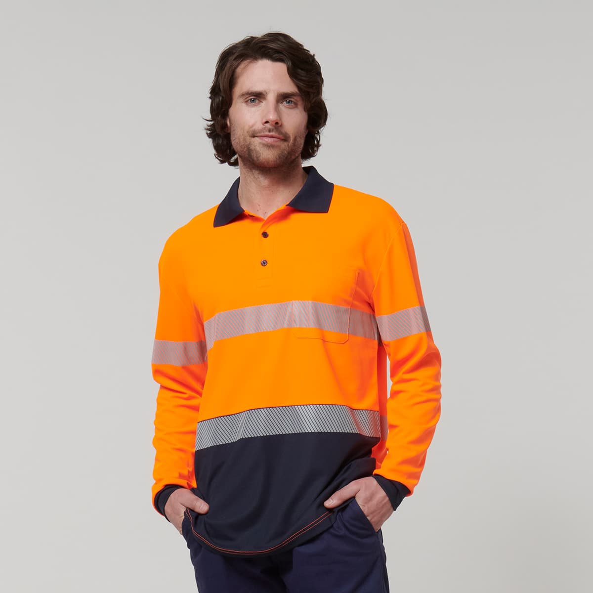 Hard Yakka Mens Long Sleeve Hi Vis Taped Polo (Orange/Navy)_2